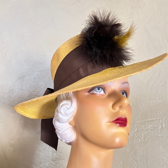 INTRIGUING 1940s' YELLOW STRAW HAT + UNIQUE CROWN + BROWN BAND & FEATHERS